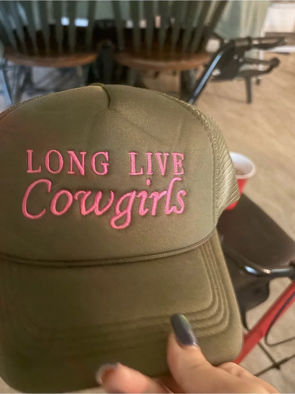 Olive Green Trucker Hat with Pink 